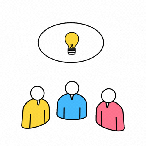 Animazione di tre persone che parlando hanno una idea, rappresentata dalla comparsa di una lampadina